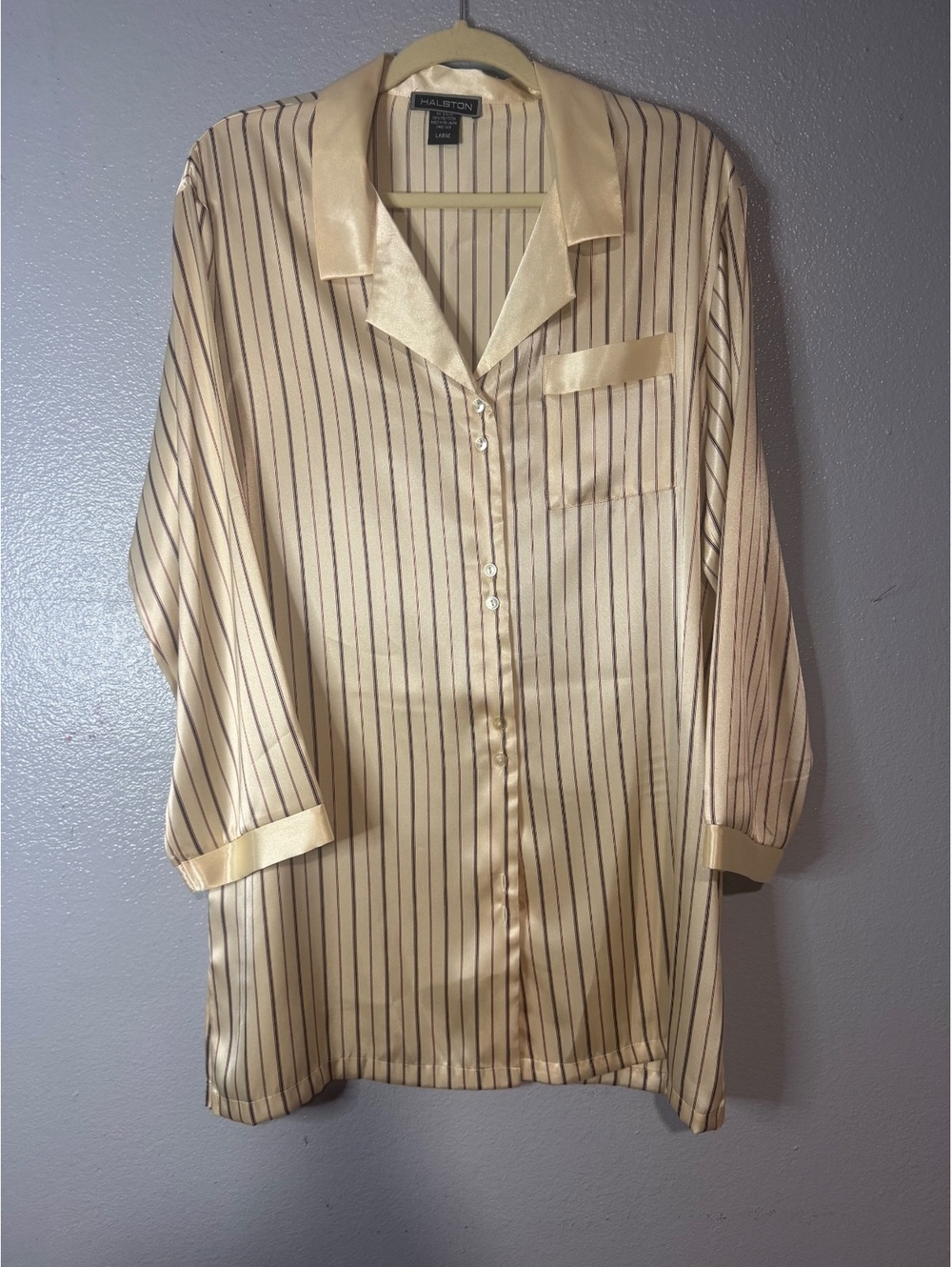 Vintage Halston Satin Striped Pajama Sleep Shirt Women’s Large